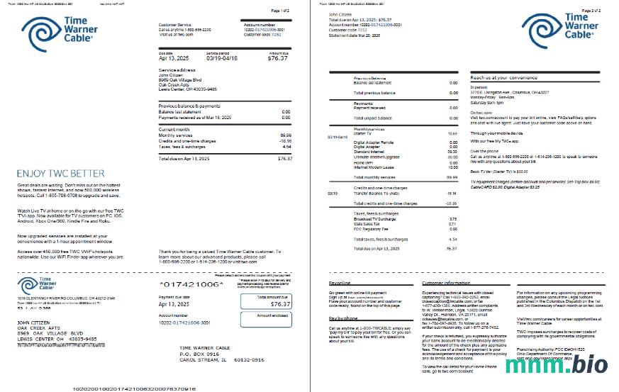 Szablon rachunku za media kablowe w USA Time Warner w formatach Word i PDF, 2 strony